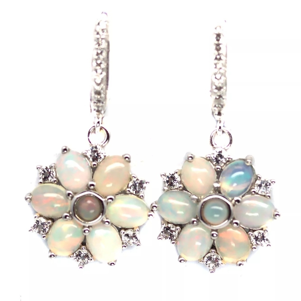 Elegant Sterling Silver Genuine Opal Flower Dangle Earrings!❤️